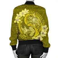 Hawaii Yin Yang Turtle Shark Hibiscus Plumeria Bomber Jacket - Yellow - AH - Polynesian Pride