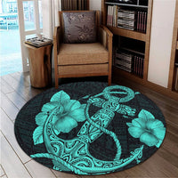 Hawaiian Anchor Poly Tribal Hibiscus Polynesian Round Carpet Turquoise - AH - Polynesian Pride
