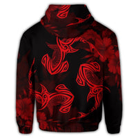Hawaiian Hammerhead Shark Hibiscus Red Polynesian Zip Hoodie - Polynesian Pride