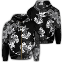 Hawaiian Hammerhead Shark Hibiscus White Polynesian Zip Hoodie Unisex Art - Polynesian Pride