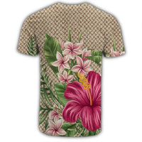 Hawaiian Hibiscus Plumeria Palm Leaves Lauhala Background Polynesian T Shirt - Polynesian Pride