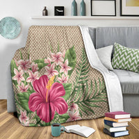 Hawaiian Hibiscus Plumeria Palm Leaves Lauhala Background Polynesian Premium Blankets - AH - Polynesian Pride