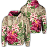 Hawaiian Hibiscus Plumeria Palm Leaves Lauhala Background Polynesian Zip Hoodie Unisex Art - Polynesian Pride