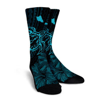 Hawaiian Hibiscus Sea Turtle Swim Polynesian Crew Socks - Blue - AH - Polynesian Pride