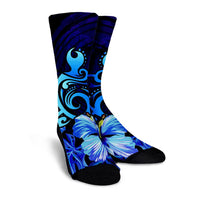 Hawaiian Hibiscus Tropical Deep Ocean Turtle Sea Crew Socks - AH - Polynesian Pride