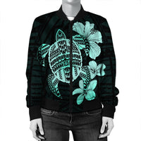 Hawaiian Kanaka Hibiscus Plumeria Mix Polynesian Turtle Bomber Jacket - Turquoise - AH - Polynesian Pride