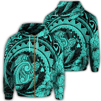 Hawaiian Kanaka Honu Map Hibiscus Globular Polynesian Turquoise Zip Hoodie Unisex Art - Polynesian Pride