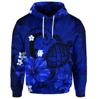 Custom Hawaiian Map Big Turtle Hibiscus Plumeria Tribal Polynesian Hoodie Blue - Polynesian Pride