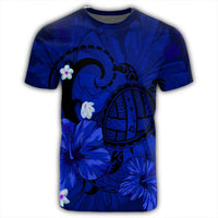 Hawaiian Map Big Turtle Hibiscus Plumeria Tribal Polynesian T Shirt Blue - Polynesian Pride