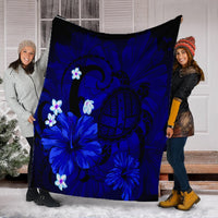 Hawaiian Map Big Turtle Hibiscus Plumeria Tribal Polynesian Premium Blankets - Blue - AH - Polynesian Pride