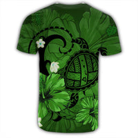 Hawaiian Map Big Turtle Hibiscus Plumeria Tribal Polynesian T Shirt Green - Polynesian Pride