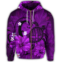 Hawaiian Map Big Turtle Hibiscus Plumeria Tribal Polynesian Zip Hoodie Purple - Polynesian Pride