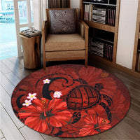 Hawaiian Map Big Turtle Hibiscus Plumeria Tribal Polynesian Round Carpet - Red - AH - Polynesian Pride