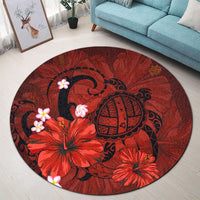 Hawaiian Map Big Turtle Hibiscus Plumeria Tribal Polynesian Round Carpet - Red - AH - Polynesian Pride