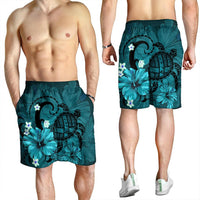 Hawaiian Map Big Turtle Hibiscus Plumeria Tribal Polynesian Men's Shorts - Turquoise - AH - Polynesian Pride