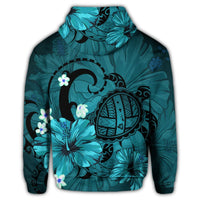 Hawaiian Map Big Turtle Hibiscus Plumeria Tribal Polynesian Zip Hoodie Turquoise - Polynesian Pride