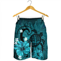 Hawaiian Map Big Turtle Hibiscus Plumeria Tribal Polynesian Men's Shorts - Turquoise - AH - Polynesian Pride