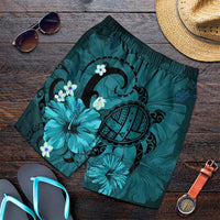 Hawaiian Map Big Turtle Hibiscus Plumeria Tribal Polynesian Men's Shorts - Turquoise - AH Art - Polynesian Pride