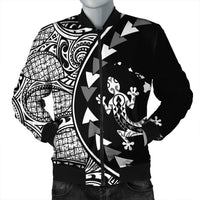 Hawaiian Map Gecko Tattoo Kakau Polynesian Bomber Jacket White AH Black Unisex - Polynesian Pride