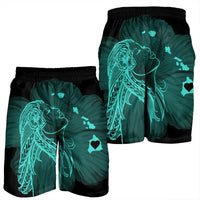 Hawaiian Map Heart Hula Girl Hibiscus Turquoise Polynesian Men's Shorts - AH - Polynesian Pride
