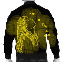 Hawaiian Map Heart Hula Girl Hibiscus Yellow Polynesian Bomber Jacket - AH - Polynesian Pride