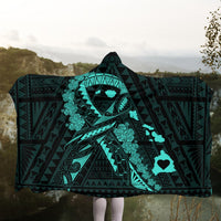 Hawaiian Map Heart Ribbon Cancer Hibiscus Turquoise Polynesian Hooded Blanket - AH - Polynesian Pride