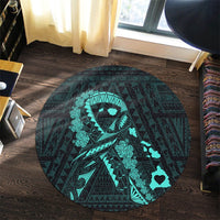 Hawaiian Map Heart Ribbon Cancer Hibiscus Turquoise Polynesian Round Carpet - AH - Polynesian Pride