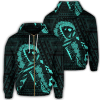 Hawaiian Map Heart Ribbon Cancer Hibiscus Turquoise Polynesian Zip Hoodie Unisex Art - Polynesian Pride