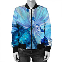 Hawaiian Map Hibiscus Flower Turtle Polynesian Bomber Jacket Blue - AH - Polynesian Pride
