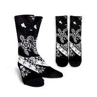 Hawaiian Map Hibiscus Turtle Fish Hook Polynesian Crew Socks - AH Crew Socks White - Polynesian Pride