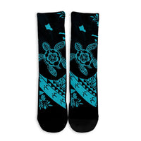 Hawaiian Map Hibiscus Turtle Fish Hook Polynesian Crew Socks Blue - AH - Polynesian Pride