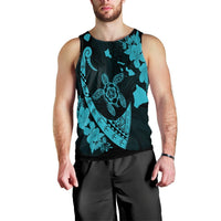 Hawaiian Map Hibiscus Turtle Fish Hook Polynesian Tank Top Blue - AH Black - Polynesian Pride
