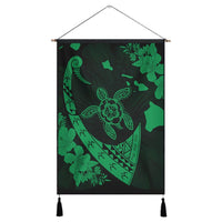 Hawaiian Map Hibiscus Turtle Fish Hook Polynesian Hanging Poster Green - AH Hanging Poster Cotton And Linen - Polynesian Pride