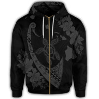 Hawaiian Map Hibiscus Turtle Fish Hook Polynesian Zip Hoodie Grey - Polynesian Pride