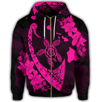 Hawaiian Map Hibiscus Turtle Fish Hook Polynesian Zip Hoodie Pink - Polynesian Pride