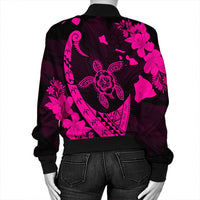 Hawaiian Map Hibiscus Turtle Fish Hook Polynesian Bomber Jacket Pink - AH - Polynesian Pride