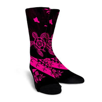 Hawaiian Map Hibiscus Turtle Fish Hook Polynesian Crew Socks Pink - AH - Polynesian Pride