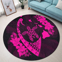 Hawaiian Map Hibiscus Turtle Fish Hook Polynesian Round Carpet Pink - AH - Polynesian Pride