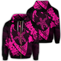 Hawaiian Map Hibiscus Turtle Fish Hook Polynesian Zip Hoodie Pink Unisex Art - Polynesian Pride