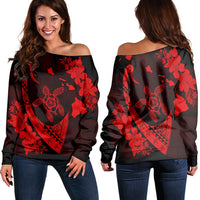 Hawaiian Map Hibiscus Turtle Fish Hook Polynesian Women's Off Shoulder Sweater Red - AH Black - Polynesian Pride