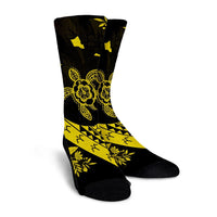 Hawaiian Map Hibiscus Turtle Fish Hook Polynesian Crew Socks Yellow - AH - Polynesian Pride