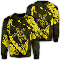 Hawaiian Map Hibiscus Turtle Fish Hook Polynesian Sweatshirt Yellow - AH Unisex Black - Polynesian Pride