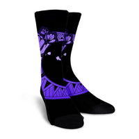 Hawaiian Map Hibiscus Turtle Polynesian Moon Crew Socks Purple - AH - Polynesian Pride