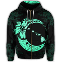 Hawaiian Map Hibiscus Turtle Polynesian Moon Zip Hoodie Turquoise - Polynesian Pride