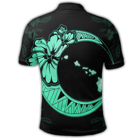 Hawaiian Map Hibiscus Turtle Polynesian Moon Polo Shirt Turquoise - Polynesian Pride