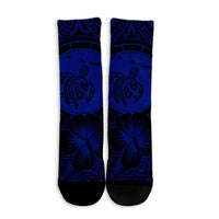 Hawaiian Map Honu Hibiscus Tropic Blue Polynesian Crew Socks - AH - Polynesian Pride