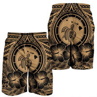 Hawaiian Map Honu Hibiscus Tropic Gold Polynesian Men's Shorts - AH - Polynesian Pride