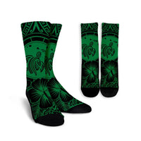 Hawaiian Map Honu Hibiscus Tropic Green Polynesian Crew Socks - AH Crew Socks White - Polynesian Pride