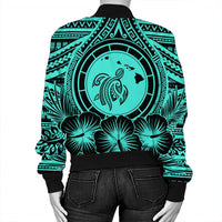Hawaiian Map Honu Hibiscus Tropic Turquoise Polynesian Bomber Jacket - AH - Polynesian Pride