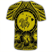 Hawaiian Map Honu Hibiscus Tropic Yellow Polynesian T Shirt - Polynesian Pride